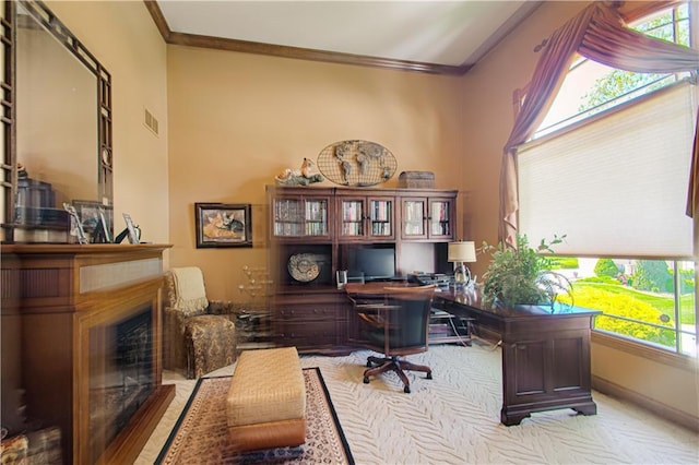 5445 NE Northgate Xing, Lees Summit, MO 64064 - office space featuring crown molding, carpet floors, a fireplace, and plenty of natural light