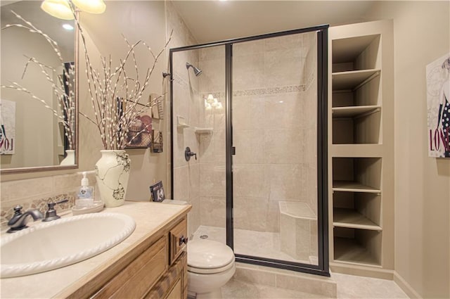 5445 NE Northgate Xing, Lees Summit, MO 64064 - bathroom featuring toilet, vanity, a shower stall, and tile patterned flooring