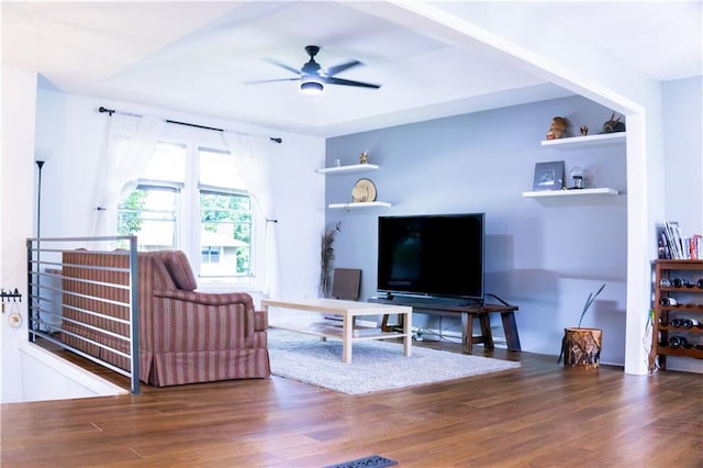 708 Cantebury Dr, Warrensburg, MO 64093 - living room with a ceiling fan and wood finished floors