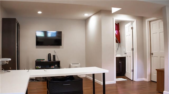 708 Cantebury Dr, Warrensburg, MO 64093 - office area with dark wood-type flooring, baseboards, and recessed lighting
