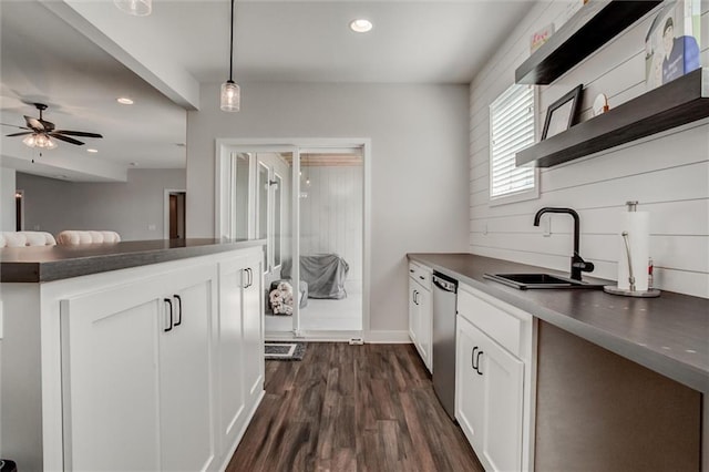 4713 NE Saratoga Ct, Lees Summit, MO 64064 - kitchen with dark countertops, a sink, ceiling fan, stainless steel dishwasher, and recessed lighting