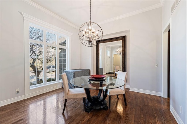 13123 W 54th Ter, Shawnee, KS 66216 - dining space with a chandelier, baseboards, dark wood-style flooring, and ornamental molding