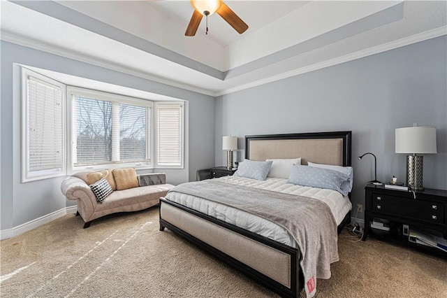 13123 W 54th Ter, Shawnee, KS 66216 - bedroom with carpet floors, a tray ceiling, ornamental molding, baseboards, and a ceiling fan