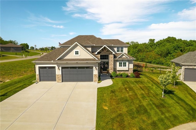 2705 NE Crestview St, Blue Springs, MO 64029 - craftsman-style home featuring stone siding, concrete driveway, a garage, stucco siding, and roof with shingles