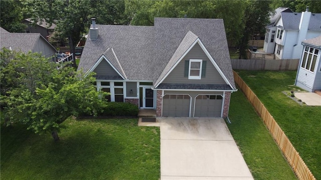 view of front of property featuring brick siding, concrete driveway, a garage, a shingled roof, and a chimney