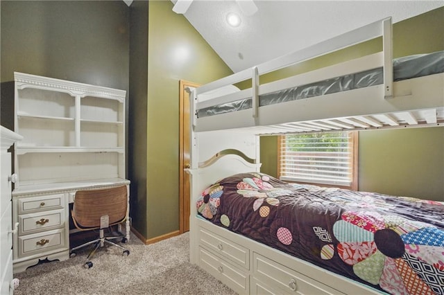bedroom featuring vaulted ceiling, carpet flooring, baseboards, and ceiling fan