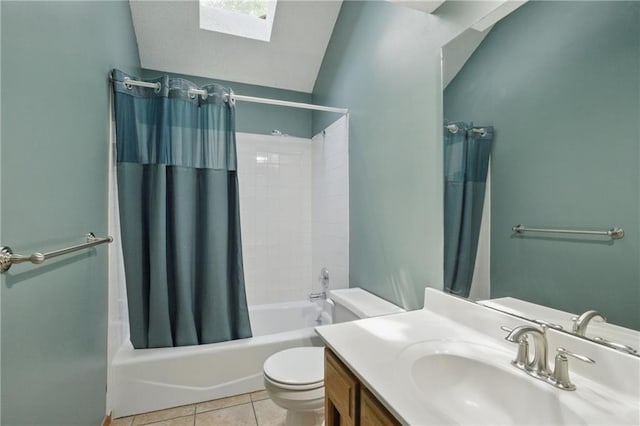 full bath featuring toilet, tile patterned floors, shower / bathtub combination with curtain, a skylight, and lofted ceiling