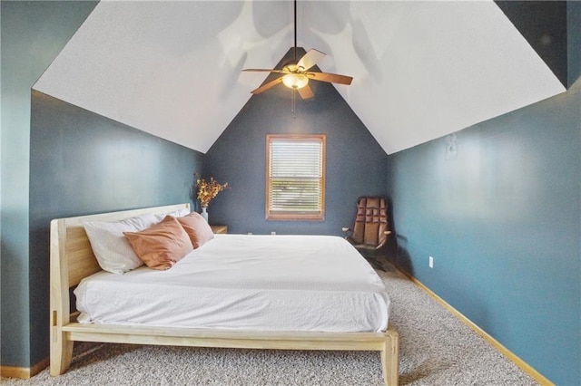 bedroom featuring carpet floors, vaulted ceiling, a ceiling fan, and baseboards