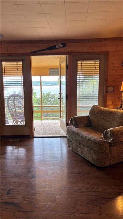 living room with wooden walls and wood finished floors