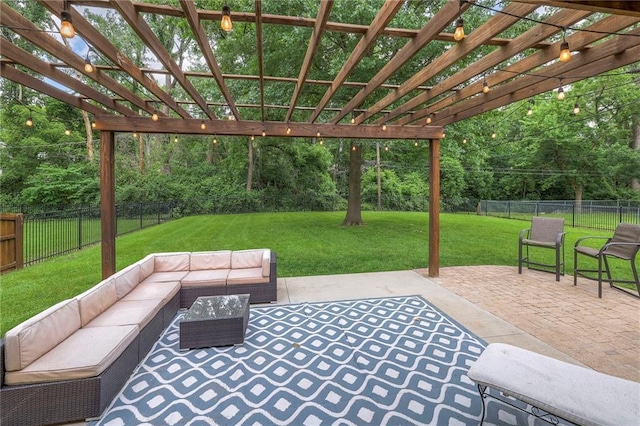 9711 Roe Ave, Overland Park, KS 66207 - fenced backyard featuring an outdoor hangout area, a pergola, and a patio area