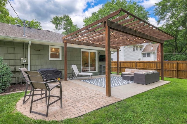 9711 Roe Ave, Overland Park, KS 66207 - fenced backyard featuring an outdoor hangout area, a pergola, grilling area, and a patio area