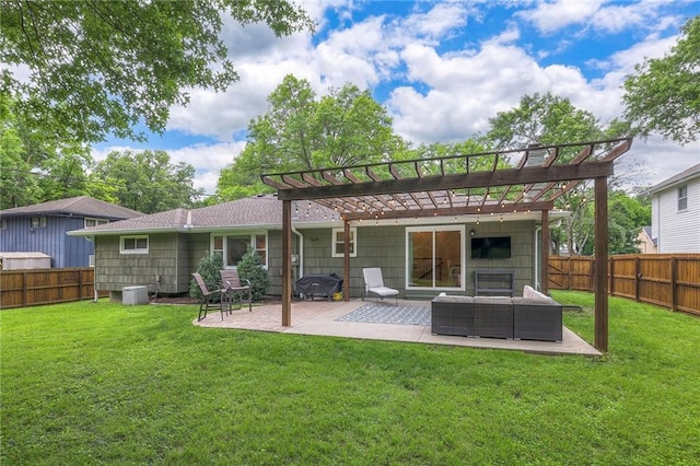 9711 Roe Ave, Overland Park, KS 66207 - back of house with a pergola, a fenced backyard, a patio, and outdoor lounge area