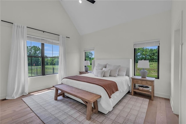 21851 179th St, Tonganoxie, KS 66086 - bedroom featuring high vaulted ceiling, multiple windows, light wood-type flooring, and a ceiling fan