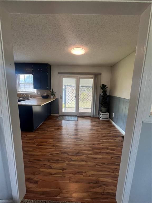 1424 S Olive St, Ottawa, KS 66067 - kitchen with dark wood-style floors, wainscoting, a peninsula, a textured ceiling, and light countertops