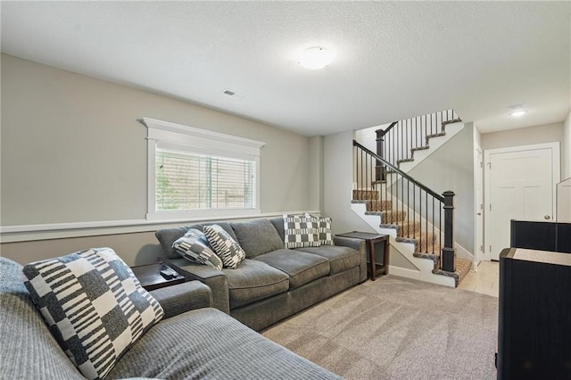 19553 E 14th St N, Independence, MO 64056 - living area featuring carpet, stairway, and baseboards