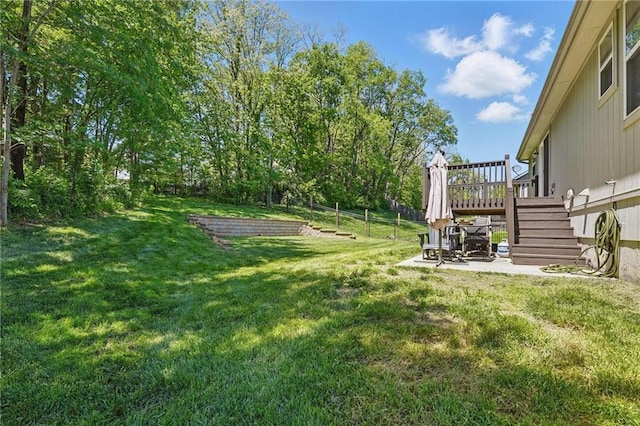 19553 E 14th St N, Independence, MO 64056 - view of yard with a wooden deck, stairway, and a patio