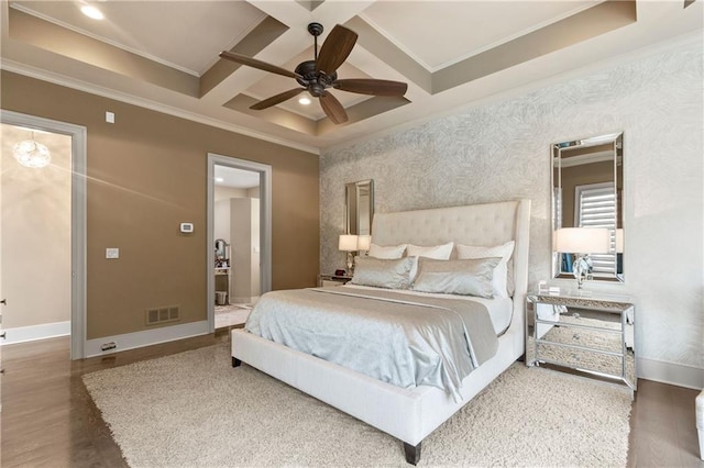 14160 Juniper St, Leawood, KS 66224 - bedroom with wood finished floors, baseboards, ornamental molding, beamed ceiling, and coffered ceiling