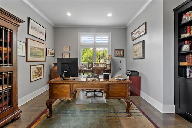 14160 Juniper St, Leawood, KS 66224 - office with baseboards, ornamental molding, dark wood-style floors, and recessed lighting