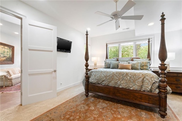 14160 Juniper St, Leawood, KS 66224 - bedroom with light carpet, recessed lighting, and a ceiling fan