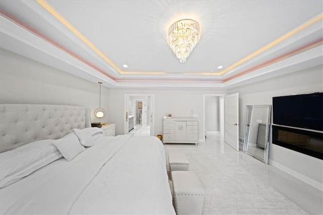 5645 Legler St, Shawnee, KS 66217 - bedroom featuring a raised ceiling, a chandelier, recessed lighting, and light tile patterned floors