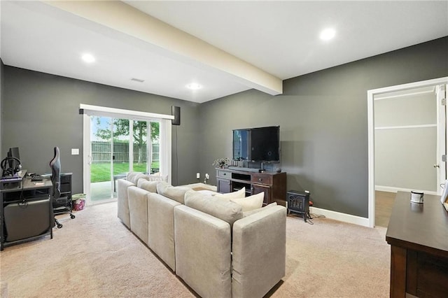 19978 Palisade St, Spring Hill, KS 66083 - living room featuring light carpet, an office area, recessed lighting, and beamed ceiling