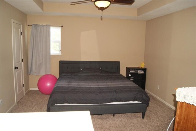 706 Terry Dr, Pleasant Hill, MO 64080 - bedroom with carpet flooring, a raised ceiling, baseboards, and a ceiling fan