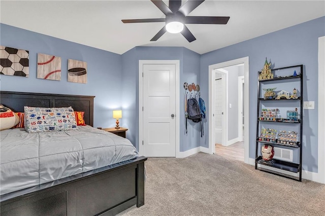 bedroom with carpet floors, baseboards, and ceiling fan