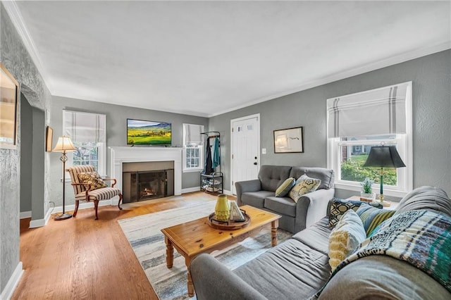 7126 Charlotte St, Kansas City, MO 64131 - living room featuring a fireplace with flush hearth, wood finished floors, ornamental molding, and baseboards