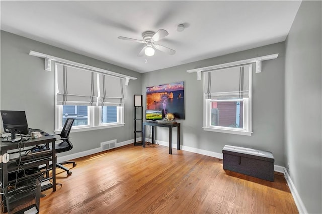 7126 Charlotte St, Kansas City, MO 64131 - office space featuring ceiling fan, wood finished floors, and baseboards