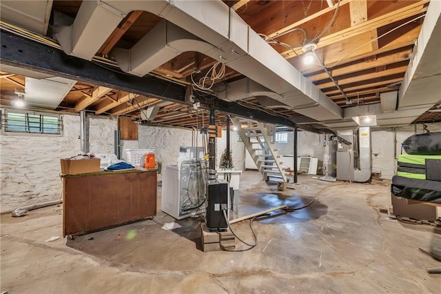 7126 Charlotte St, Kansas City, MO 64131 - basement with independent washer and dryer, water heater, heating unit, and stairs