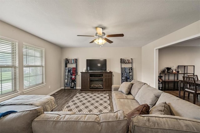 4700 E 136th Ct, Grandview, MO 64030 - living area featuring a ceiling fan, dark wood-type flooring, baseboards, and a textured ceiling
