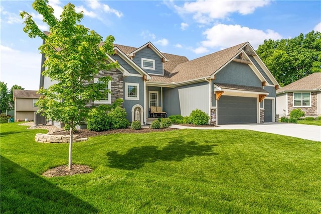 craftsman inspired home with an attached garage, stone siding, a front yard, driveway, and a shingled roof