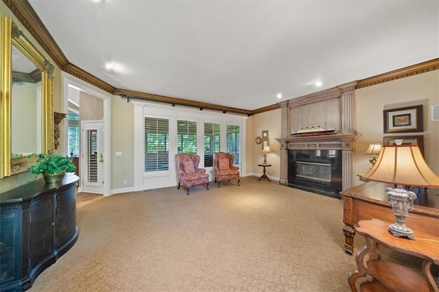 5817 W 147th Pl, Overland Park, KS 66223 - living room featuring ornamental molding, a fireplace with flush hearth, baseboards, carpet, and recessed lighting