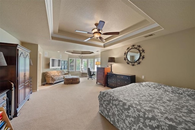 5817 W 147th Pl, Overland Park, KS 66223 - bedroom featuring a tray ceiling, a textured ceiling, carpet, ceiling fan, and baseboards