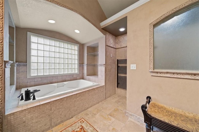 5817 W 147th Pl, Overland Park, KS 66223 - bathroom featuring tiled bath, a tile shower, recessed lighting, and stone finish floors