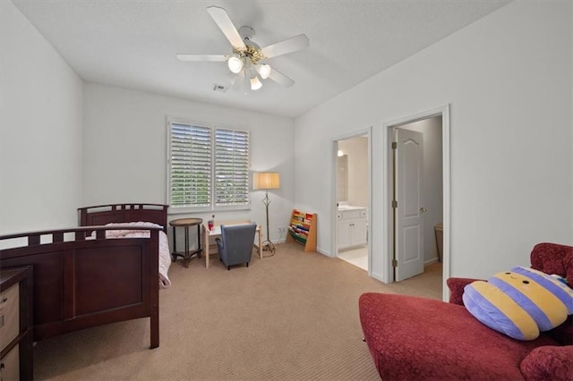 5817 W 147th Pl, Overland Park, KS 66223 - carpeted bedroom featuring a ceiling fan and connected bathroom