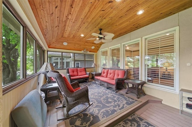 5817 W 147th Pl, Overland Park, KS 66223 - sunroom / solarium featuring an outdoor hangout area, ceiling fan, and lofted ceiling