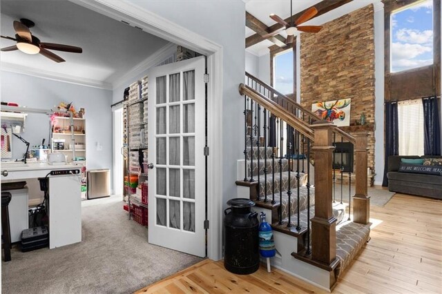 30307 Woodland Dr, Pleasant Hill, MO 64080 - entryway with a ceiling fan, ornamental molding, stairs, and wood finished floors