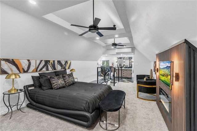 carpeted living area with ceiling fan, vaulted ceiling, a wall mounted AC, and recessed lighting