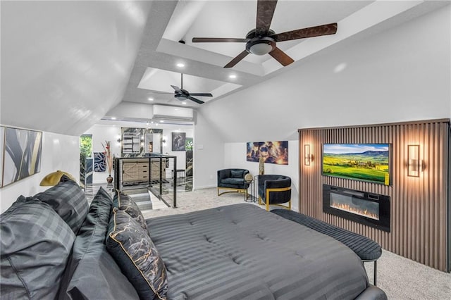 carpeted bedroom with a wall unit AC, a glass covered fireplace, vaulted ceiling, and recessed lighting