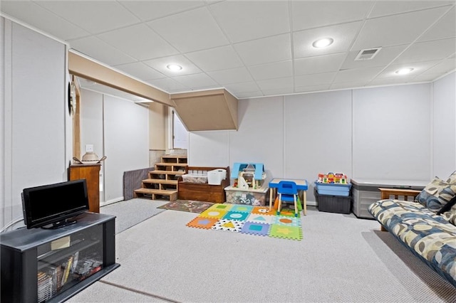 12434 England St, Overland Park, KS 66213 - rec room featuring carpet, a drop ceiling, and recessed lighting