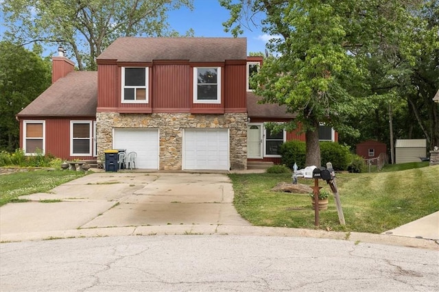 613 NE 90th Ter, Kansas City, MO 64155 - view of front of property with stone siding, concrete driveway, a front yard, roof with shingles, and a chimney