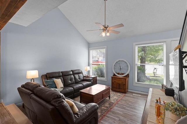 613 NE 90th Ter, Kansas City, MO 64155 - living room with wood finished floors, lofted ceiling, a ceiling fan, healthy amount of natural light, and a textured ceiling