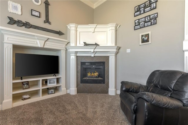 803 Crestridge Dr, Kearney, MO 64060 - carpeted living room featuring ornamental molding and a fireplace