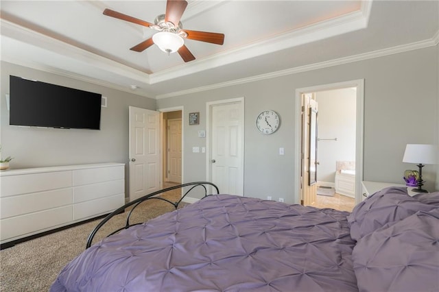 803 Crestridge Dr, Kearney, MO 64060 - bedroom with a tray ceiling, crown molding, carpet flooring, ensuite bathroom, and ceiling fan