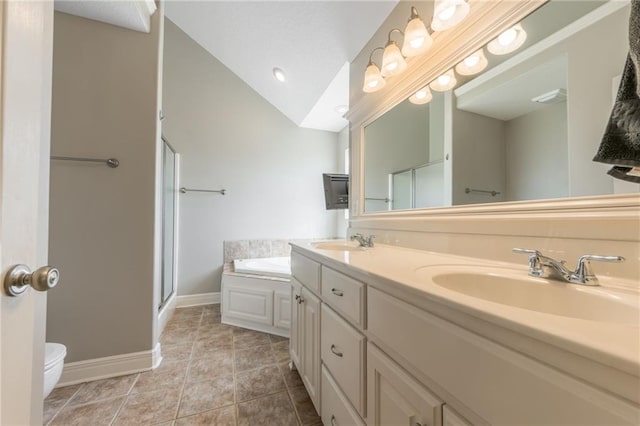 803 Crestridge Dr, Kearney, MO 64060 - bathroom featuring lofted ceiling, double vanity, and a stall shower