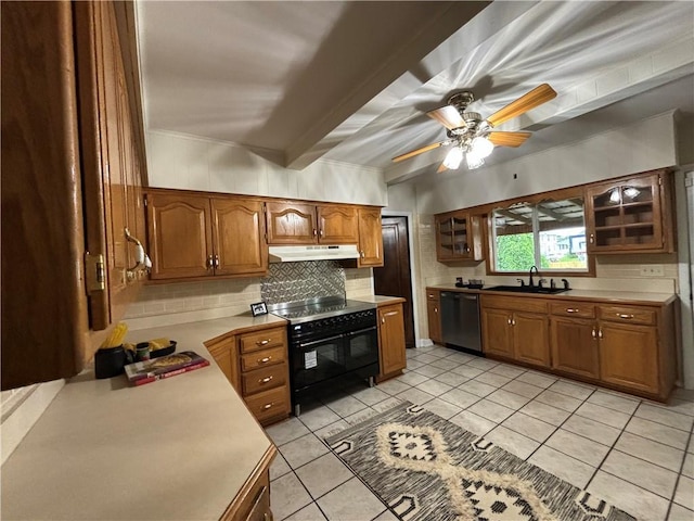 2702 Faraon St, Saint Joseph, MO 64501 - kitchen featuring dishwasher, under cabinet range hood, double oven range, a sink, and tasteful backsplash