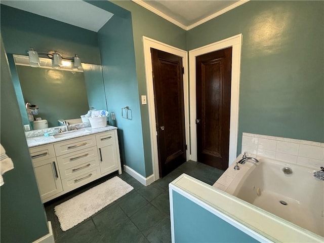 2702 Faraon St, Saint Joseph, MO 64501 - full bath featuring vanity, a whirlpool tub, ornamental molding, tile patterned floors, and baseboards