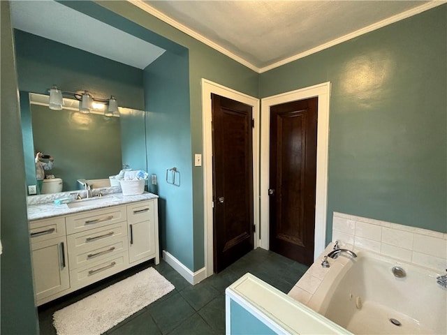 2702 Faraon St, Saint Joseph, MO 64501 - full bath featuring vanity, a garden tub, tile patterned flooring, and crown molding