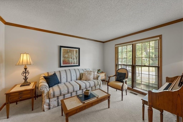 12224 Connell Dr, Overland Park, KS 66213 - living area featuring carpet flooring, crown molding, and a textured ceiling
